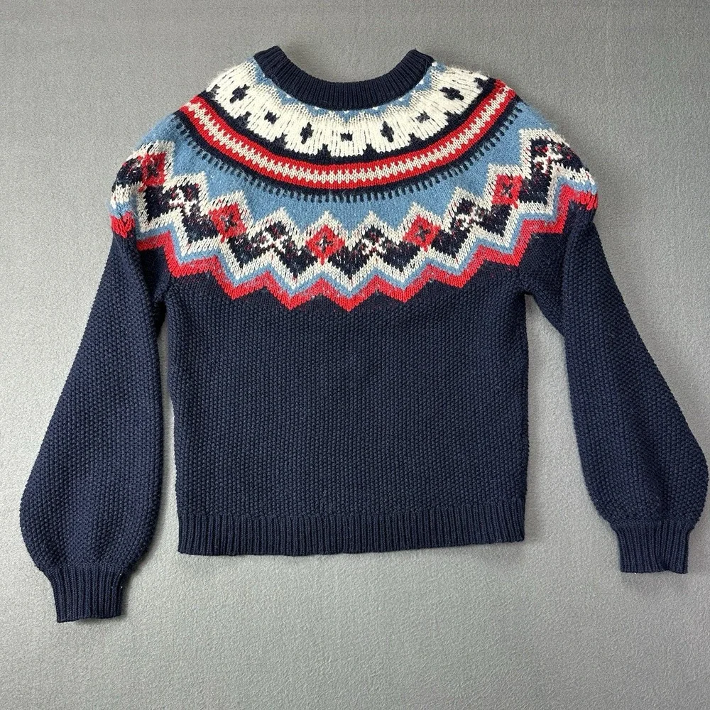 J Crew Zig Zag Faire Isle Wool Alpaca Blend Blue Sleeve balloon Sweater Sz Large